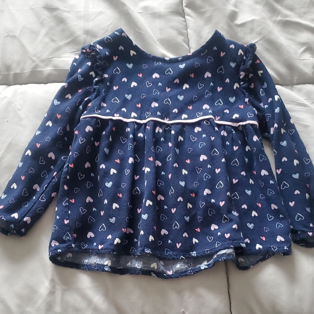 Navy Blue Long Sleeve Tee with Heart Print and White Trim